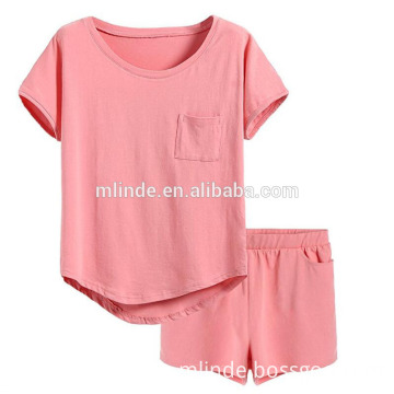 Wholesale Funny Adult Summer Plain Blank 95% Cotton 5% Spandex Short Sleeve Shirt Lounge Pajama Women Set with Pj Shorts